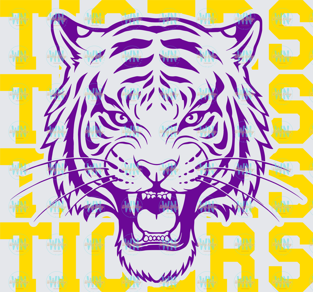 Tigers Stacked Mascot (gold and purple)-Ready to Press DTF Transfer