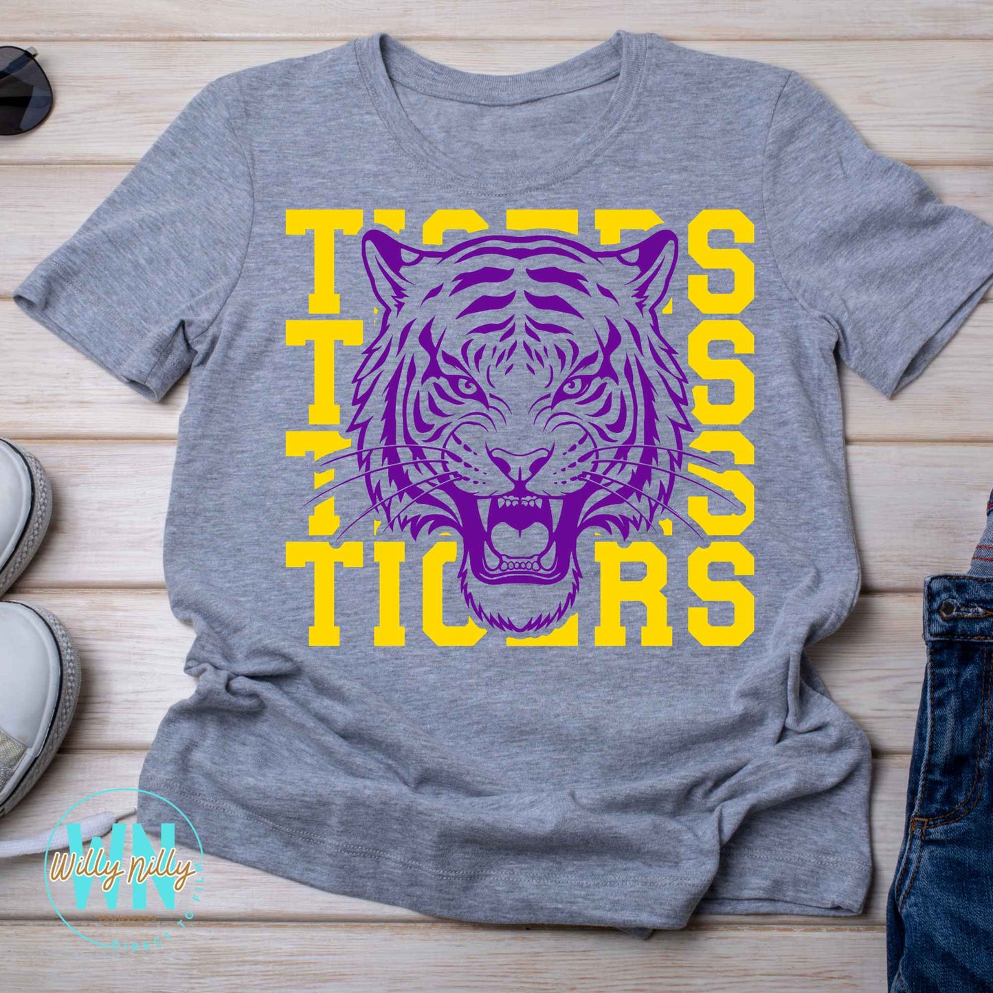 Tigers Stacked Mascot (gold and purple)-Ready to Press DTF Transfer