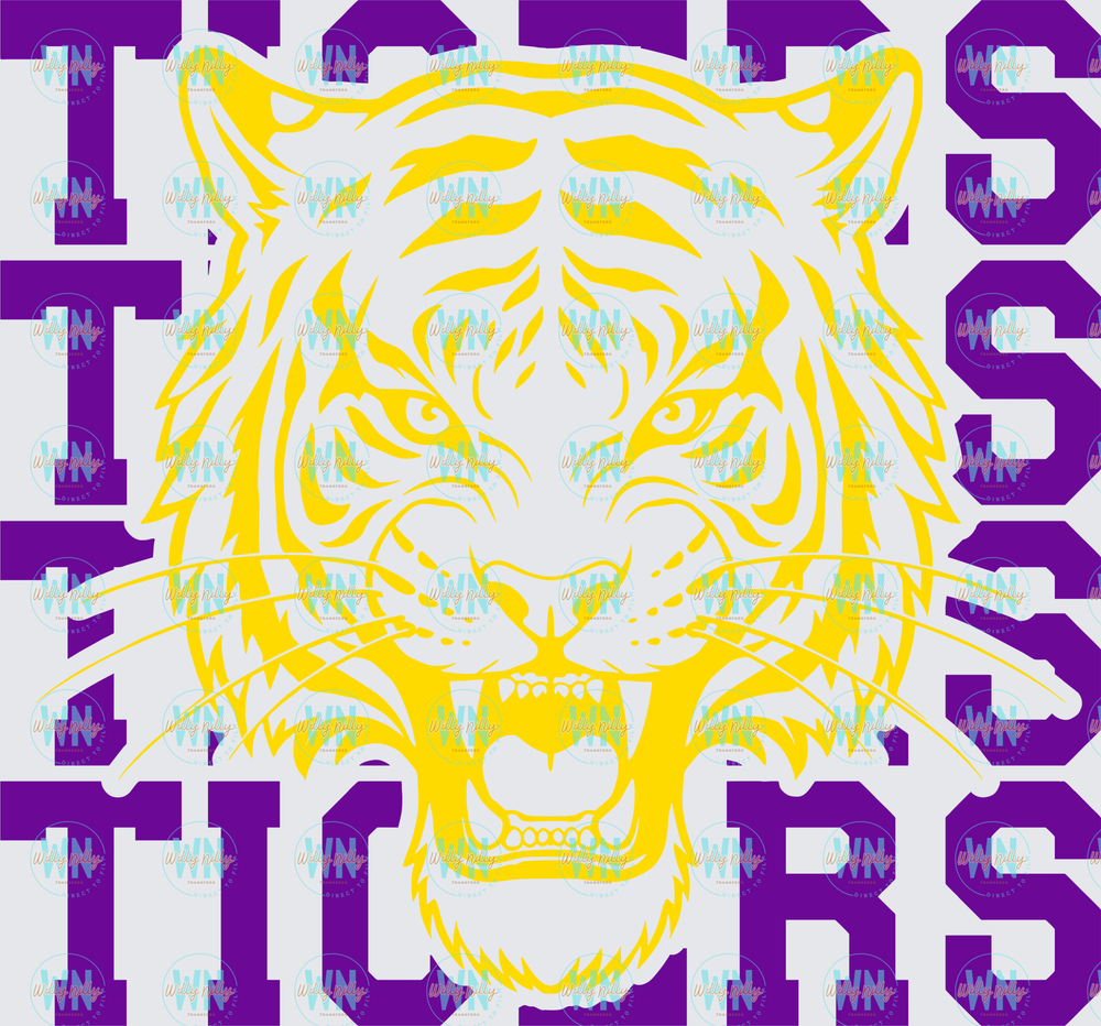 Tigers Stacked Mascot (purple and gold)-Ready to Press DTF Transfer