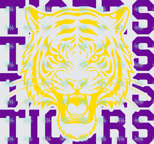 Tigers Stacked Mascot (purple and gold)-Ready to Press DTF Transfer